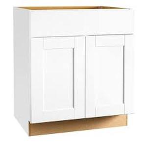 lot 19 image: Hampton Bay Shaker 30 in. W x 24 in. D x 34.5 in. H Assembled Sink Base Kitchen Cabinet in Satin White   Customer Returns See Pictures