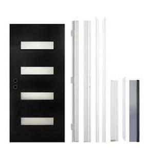 WRIGHTMASTER 36 in. x 80 in. Flush Right-Hand 4-Lite Frosted Glass Black Fiberglass Front Door Slab with Frame, Threshold, Hinge     Customer Returns See Pictures