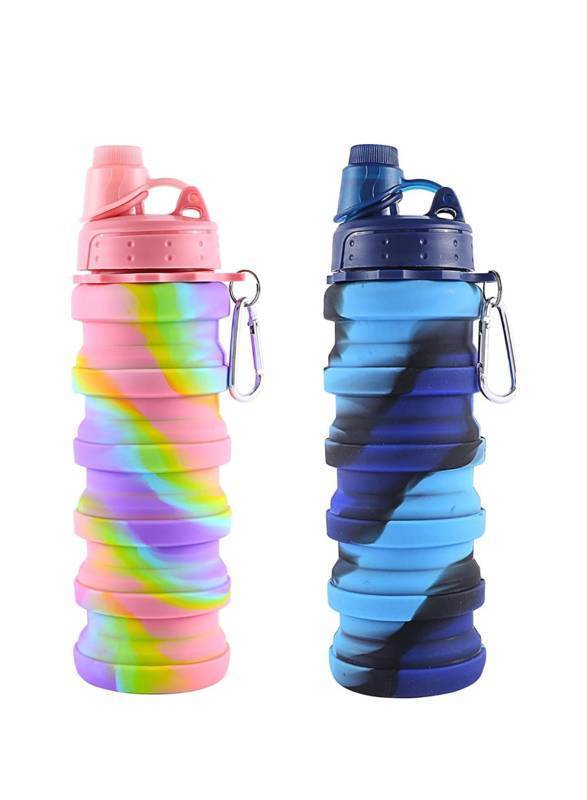 lot 133C image: 2 Collapsible 16 oz Silicone Water Bottles, Pink and Blue - Brand New