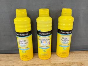 lot 240 image: 3 Neutrogena Beach Defense Sunscreen Sprays, SPF 50 & 70 - Brand New