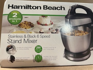 lot 186 image: Hamilton Beach 6 Speed Stand Mixer with Stainless Steel Bowl and Attachments