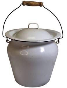lot 4 image: Vintage White  Farmhouse Enamelware Bucket Chamber Pot W  Lid