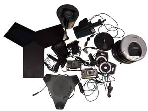 lot 28 image: Tech Lot  Conference phones, Cameras for computer to industrial, along with 3 CD portable players