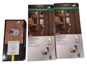 lot 73 image: Door Lock Lot   Defiant - Entry Door Handle & Baldwin - Round Deadbolt Satin Nickel