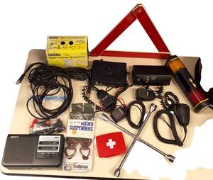 lot 89 image: Automotive Lot - Vintage CBs, Sony AmFM portable radio, Wader Suspenders, First Aid box & More