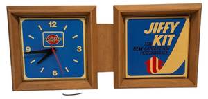 lot 112 image: Vintage - Standard  Oil  logo and a sign for a  Jiffy Kit for New Carburetor Performance   Shop Clock
