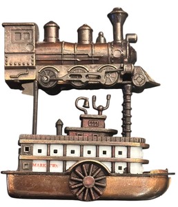 lot 060 image: Die-Cast Metal Pencil Sharpeners, Steam Locomotive and a Steamboat Train Collectibles, Qty 2