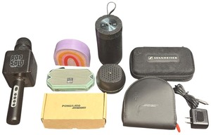 lot 381 image: Electronics Bundle Sing Pop Mic, Speaker Boxes, Headphones