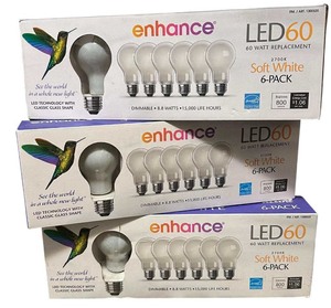lot 196 image: LED 60 Lightbulb Bundle, Soft White, 6-Pack, Qty 3 Boxes