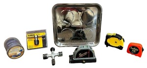 lot 241 image: Measuring Bundle  90 Degree Laser Level, Dewalt Universal Tap Handle, Qty 3 Tape Measures, Magnetic Tray, Dewalt Drill Bit Adapter, Bench Cookies