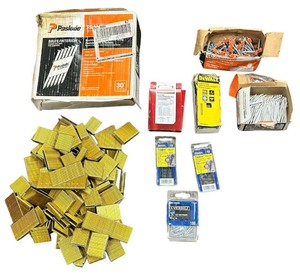 lot 342 image: Staples  Nails (Paslode, Dewalt, Craftsman, Everbilt, Stanley)  Bundle