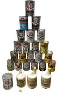 lot 122 image: Vintage 24 Cans Motor Oil , Full except One Bottle, Pennzoil, Phillips 66, Valvoline, Mitchells and Ford