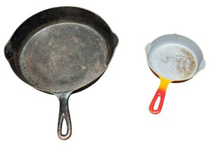 lot 120 image: Vintage Cast Iron Skillet Bundle Favorite PICUA WARE #9A  Le Creuset 6.25 #16 Flame Orange Enamel France Ring