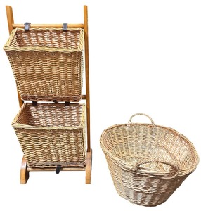lot 139 image: Wooden 3-tier basket stand with woven basketwicker basket