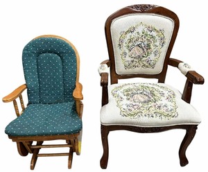 lot 034 image: Vintage This is a vintage French Louis XV-style armchair with tapestry upholsterywooden glider rocking chair with a green