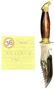 lot 336 image: Vintage Mexico Brass Eagle Head Wood Handle Fixed Blade Knife