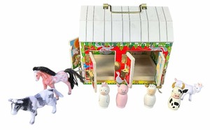 lot 275 image: Melissa & Doug Latches Wooden Activity Barn with 5 Doors, 4 Play Figure Farm Animals