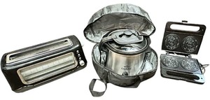 lot 166 image: 3-in-1 breakfast station that combines a toaster, a Crock-Pot slow cooker, and a waffle maker