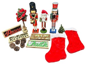 lot 023 image: LARGE Antique Christmas Bundle - Holiday Decorations  Large Nutcrackers  Vintage Christmas Lights