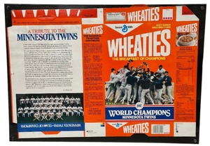 lot 259 image: Framed vintage Wheaties cereal box commemorating the Minnesota Twins 1987 World Series championship