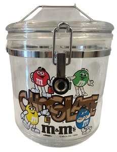 lot 187 image: 1998 M&Ms Clear Plastic Canister Jar Metal Close Lock Lid Rubber Seal Container