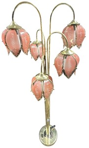 lot 015 image: Pink Lotus Floor Lamp 1980s with 5 Flowers on a Weighted Base, Hollywood Regency Style