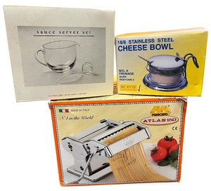 lot 032 image: Italian Bundle Marcato Atlas 150 Pasta Machine Stainless Steel Cheese Bowl Glass Sauce Server Set