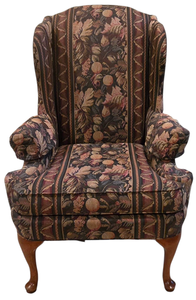 lot 109K image: LL-FR - Upholstered Wingback Armchair with Floral Pattern and 2 Throw Pillows