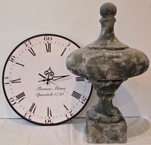 lot 39K image: LR - 16-Inch Thomas Moore Wall Clock and 19-Inch Decorative Newell Post