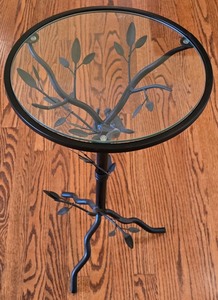 lot 40K image: LR - Decorative Metal and Glass Accent Table with Bird and Leaf Design