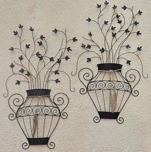 lot 42K image: LR - Set of 2 Large Metal Wall Art Vases with Floral Design