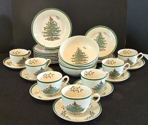 lot 44K image: LR - Spode Christmas Tree Dinnerware Set with Cups, Saucers, Plates, and Bowls