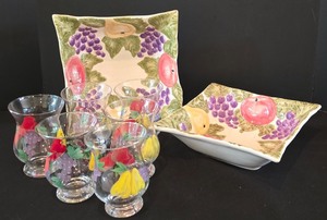 lot 47K image: LR - Set of 6 Hand Painted Fruit Glasses and 2 Square Ceramic Serving Bowls