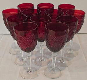 lot 48K image: LR - Set of 12 Ruby Red Crystal Wine Goblets with Clear Stems, 8 Inch