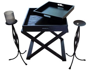 lot 49K image: LR - Decorative Wooden Tray, Pair of 24 Inch Metal Candlesticks, and LED Candle