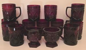 lot 60K image: G - Set of 14 Vintage Ruby Red Pressed Glass Mugs, Tumblers, Creamer, and Sugar Bowl