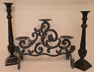lot 61K image: K - Pedestal Candelabra and Pair of Tall Metal Candlesticks Set