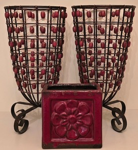 lot 69K image: H - Pair of 14-Inch Beaded Metal Vases and 6-Inch Red Terracotta Flower Vase