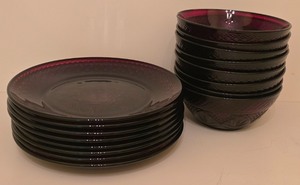 lot 71K image: H - Set of 8 Vintage Ruby Red Pressed Glass Plates and 8 Bowls with Patterned Design