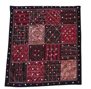 lot 75K image: LR - Handcrafted India Patchwork Wall Hanging with Smoked Bamboo Hanger, 34x36 Inches