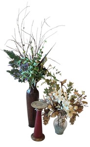 lot 76K image: LR - Decorative Vase and Pillar Collection Including Metal, Clear Glass, and Tall Arrangements