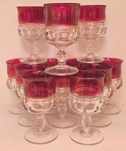 lot 80K image: H - Set of 9 Vintage Clear and Cranberry Glass Goblets, 5.5 Inch Tall