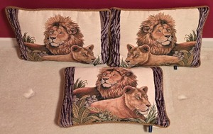 lot 89K image: LLBR3 - Set of 3 Ashford Court Lion & Lioness Tapestry Accent Pillows