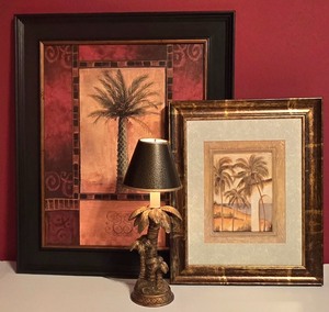 lot 90K image: LL-BR3 - Framed Palm Tree Art Prints and Palm Tree Table Lamp Set