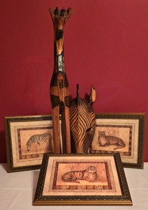 lot 91K image: LL-BR3 - African Giraffe Sculpture, Zebra Mask, and Set of 3 Framed Wildlife Prints