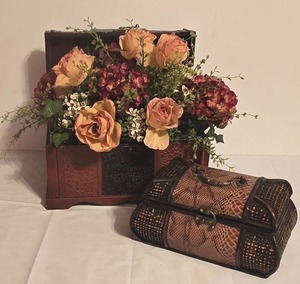 lot 94K image: LL-BR3 - Decorative Set Faux Floral Arrangement in Textured Trunk and Small Woven Accent Trunk