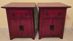 lot 101K image: LL-BR2 - Pair of Red Wood Nightstands with Drawer and Cabinet Storage