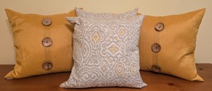 lot 102K image: LL-BR2 - Set of 4 Decorative Throw Pillows 2 Gold Thro by Marlo Lorenz and 2 Gray & Yellow Patterned Pillows