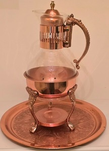lot 113K image: H - Copper Glass Carafe Set with Warmer and Ornate 12.25 Inch Serving Tray