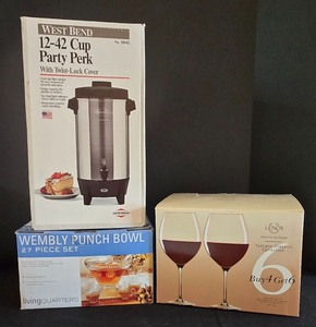 lot 128K image: O - Party Entertaining Lot West Bend Coffee Percolator, LivingQuarters Punch Bowl Set, Lenox Wine Glasses